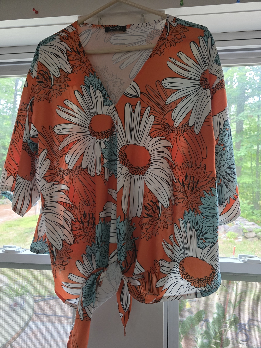 Women's Orange Floral Tie-Front Blouse by